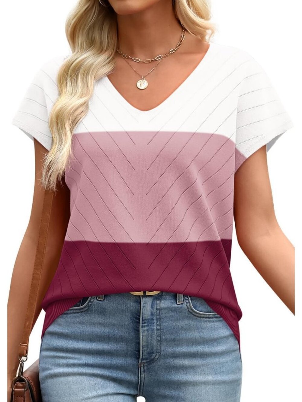 🆕Women's White Wine Sweater Pullover V-Neck Pull On Short Sleeve Trendy Tops - Picture 4 of 5